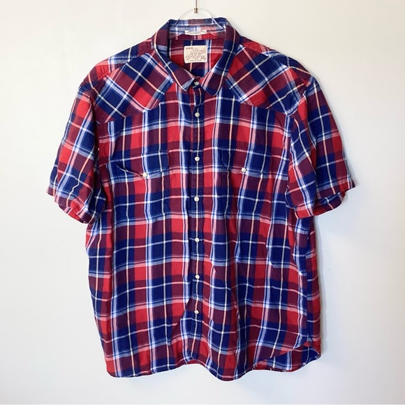 Lucky Brand Short Sleeve Plaid Pearl Snap Front Shirt - Red/Blue - XXL - Picture 1 of 6